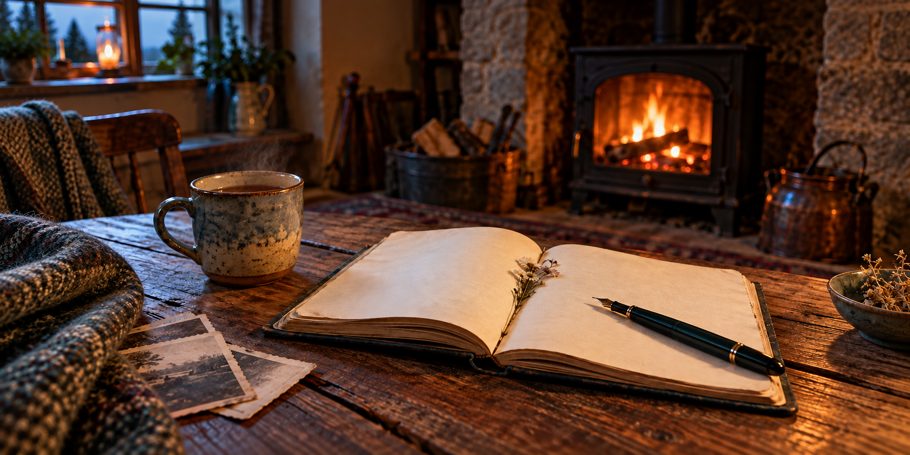 An open notebook, pen, old photographs and a cup of tea beside a glowing Irish cottage fire.