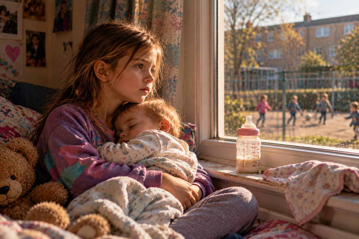 A young girl sits beside a window holding a sleeping baby, looking outside at other children playing while a half-finished bottle of formula rests on the windowsill.