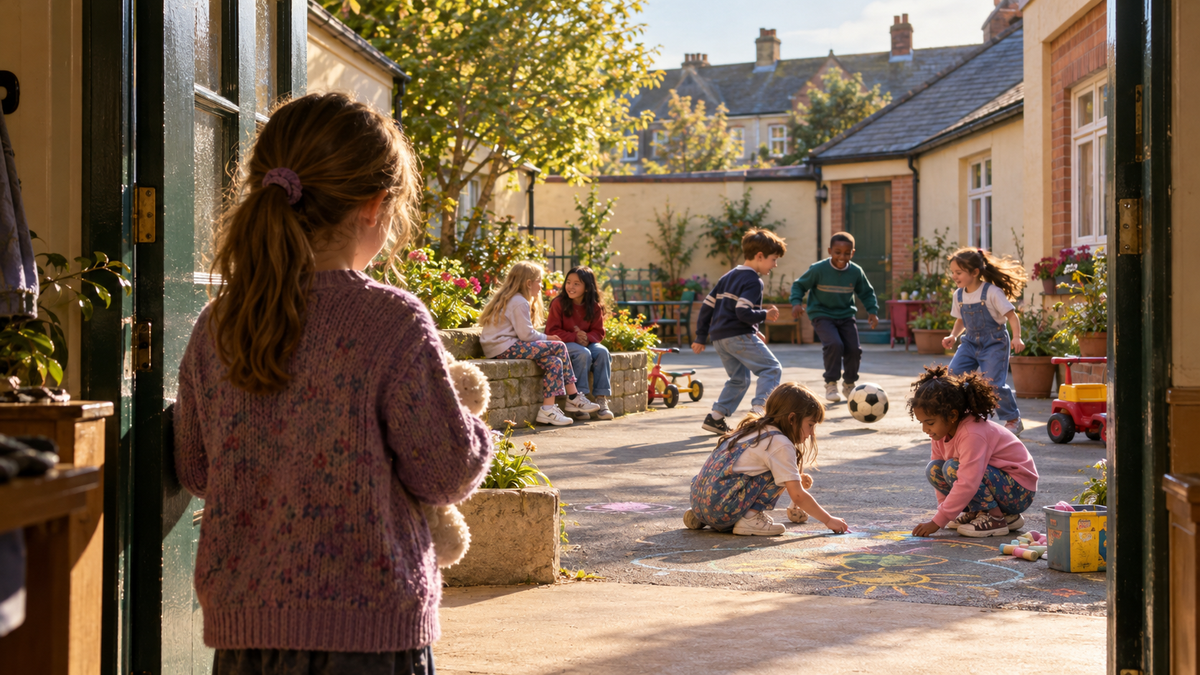 A young girl stands in the doorway of a women’s refuge in late-1990s Dublin, watching children play together in a secure, sunlit courtyard.