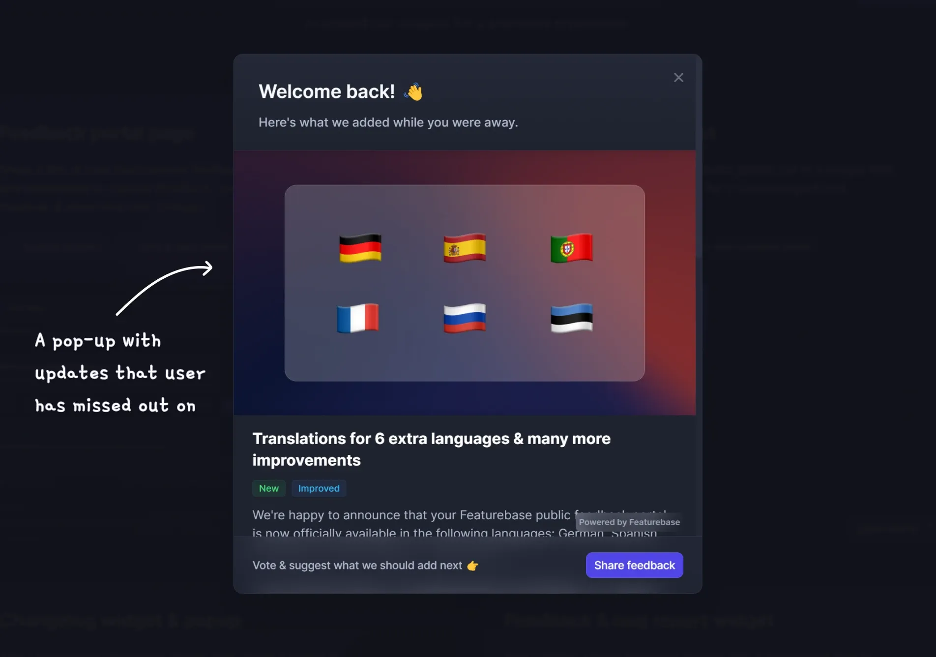 Screenshot of Featurebase's automatic changelog pop-up.