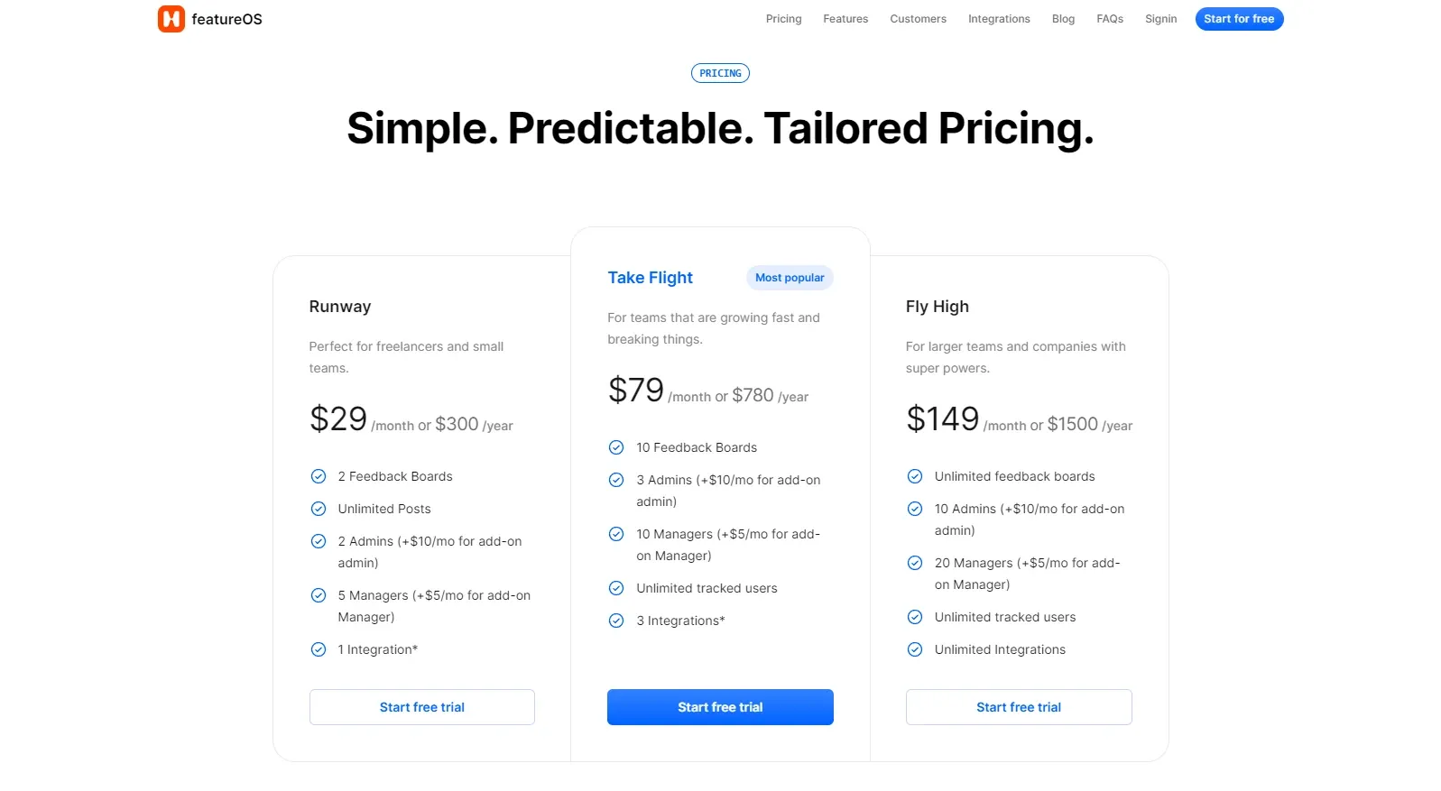 Screenshot of featureOS' pricing.