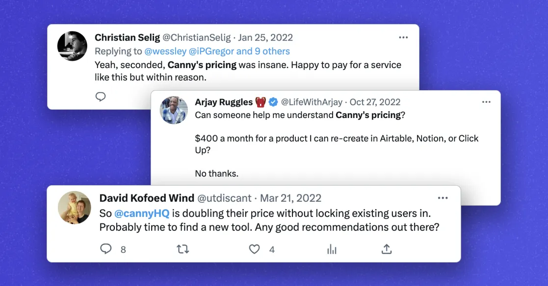 Twitter screenshots of complaints about Canny's prices.