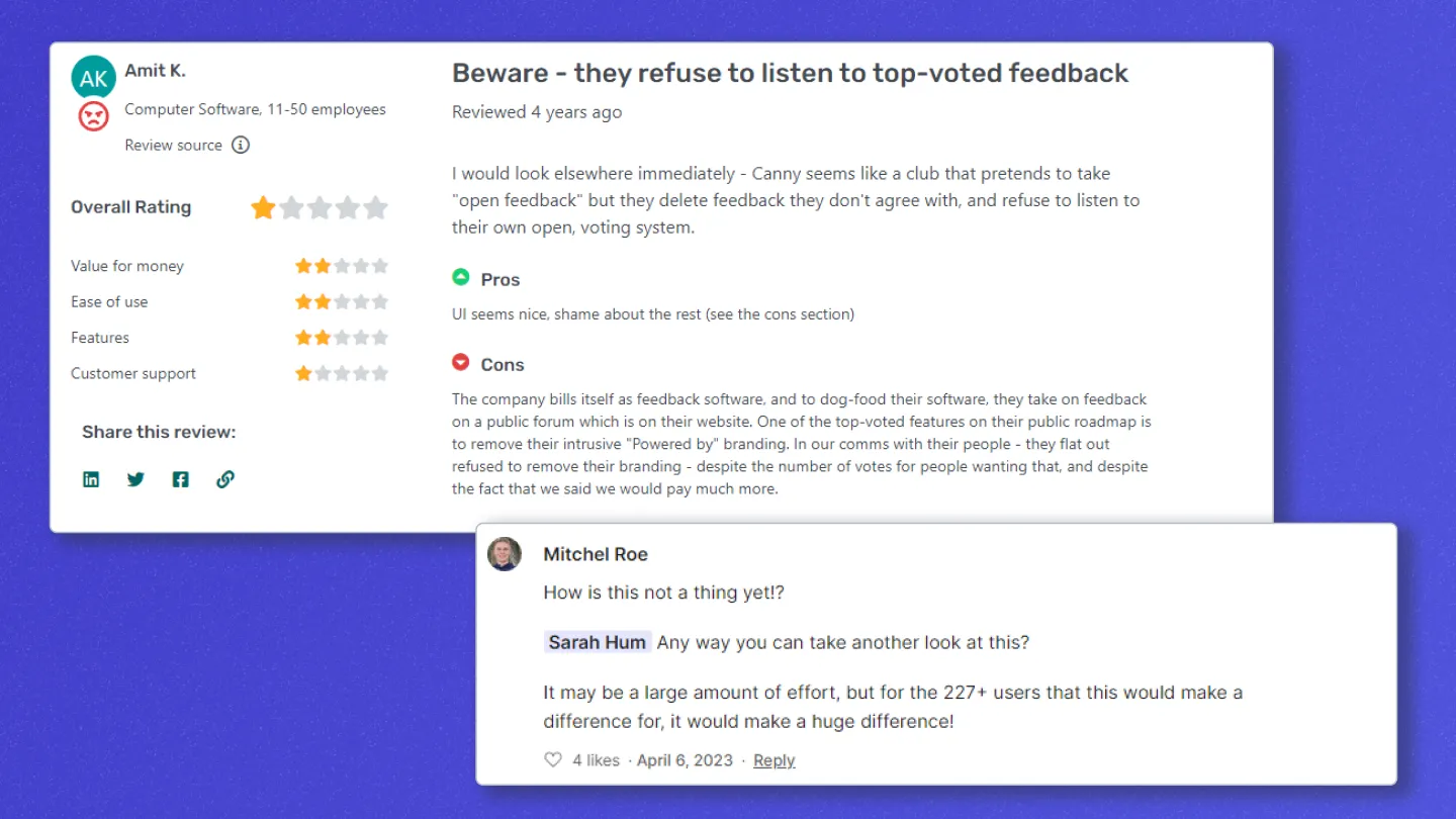 Screenshot of Canny's reviews saying they are not listening to feedback.