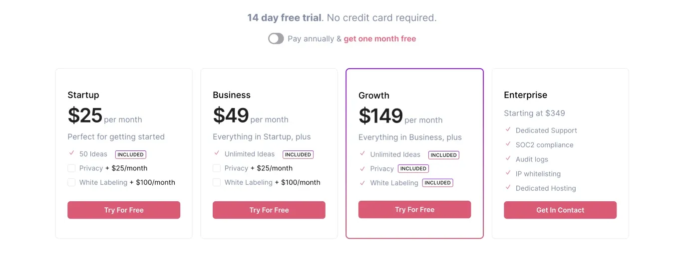 Screeshot of Frill's pricing.