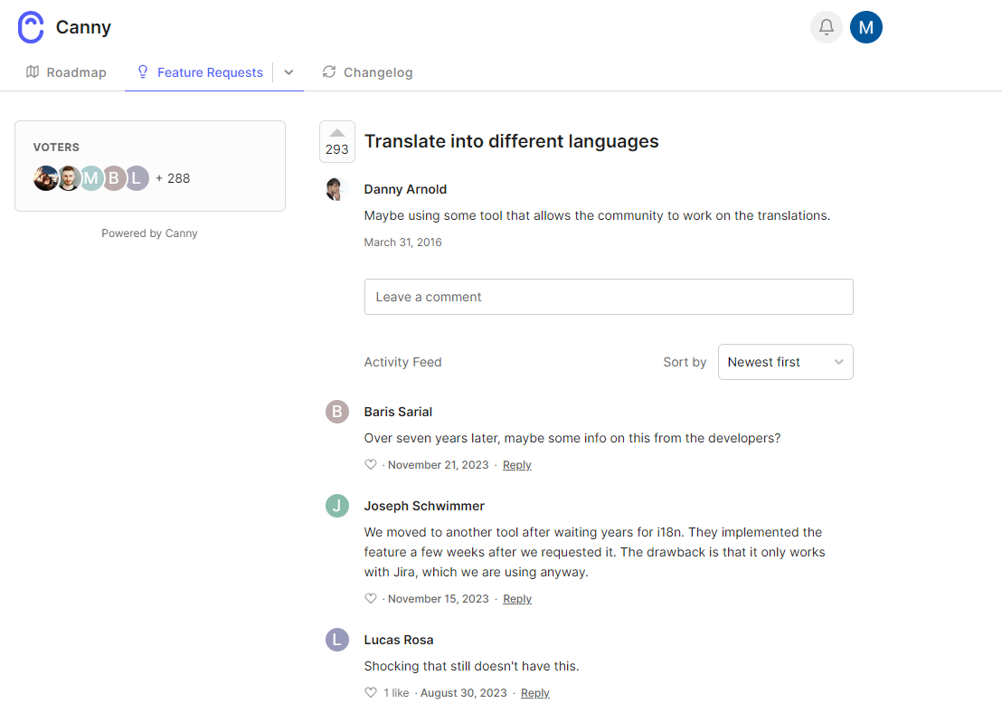 Canny's users requesting translations.