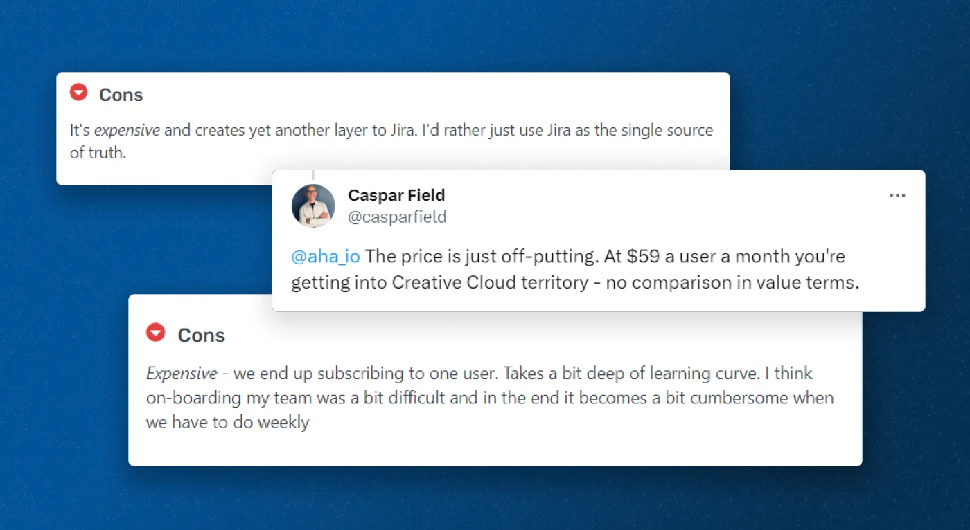 Screenshot of X and G2 comments no Aha's prices.