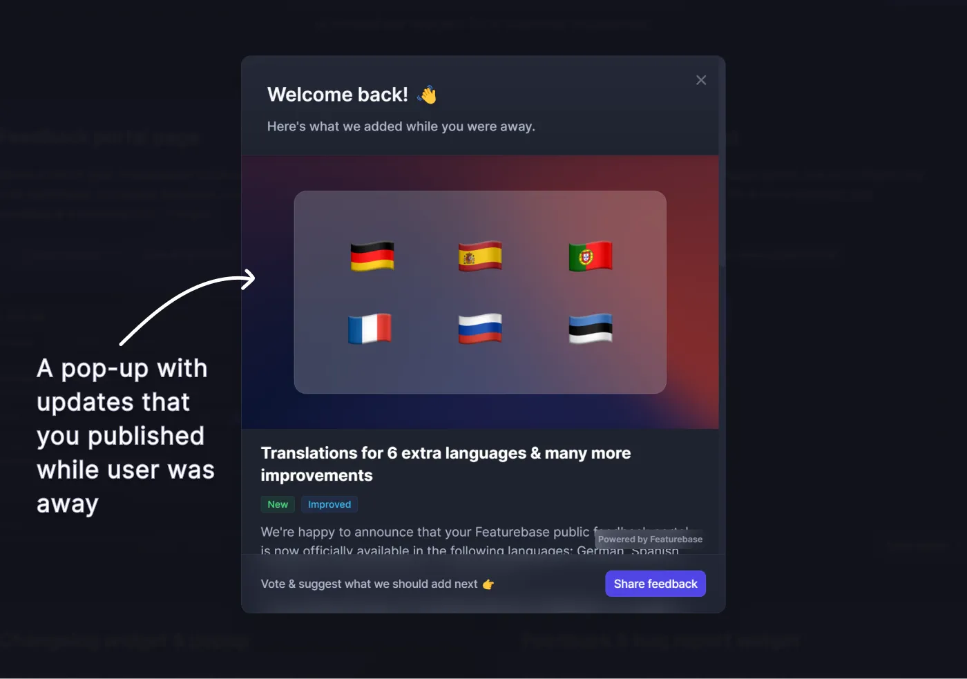 Example of Featurebase's automatic changelog popup.