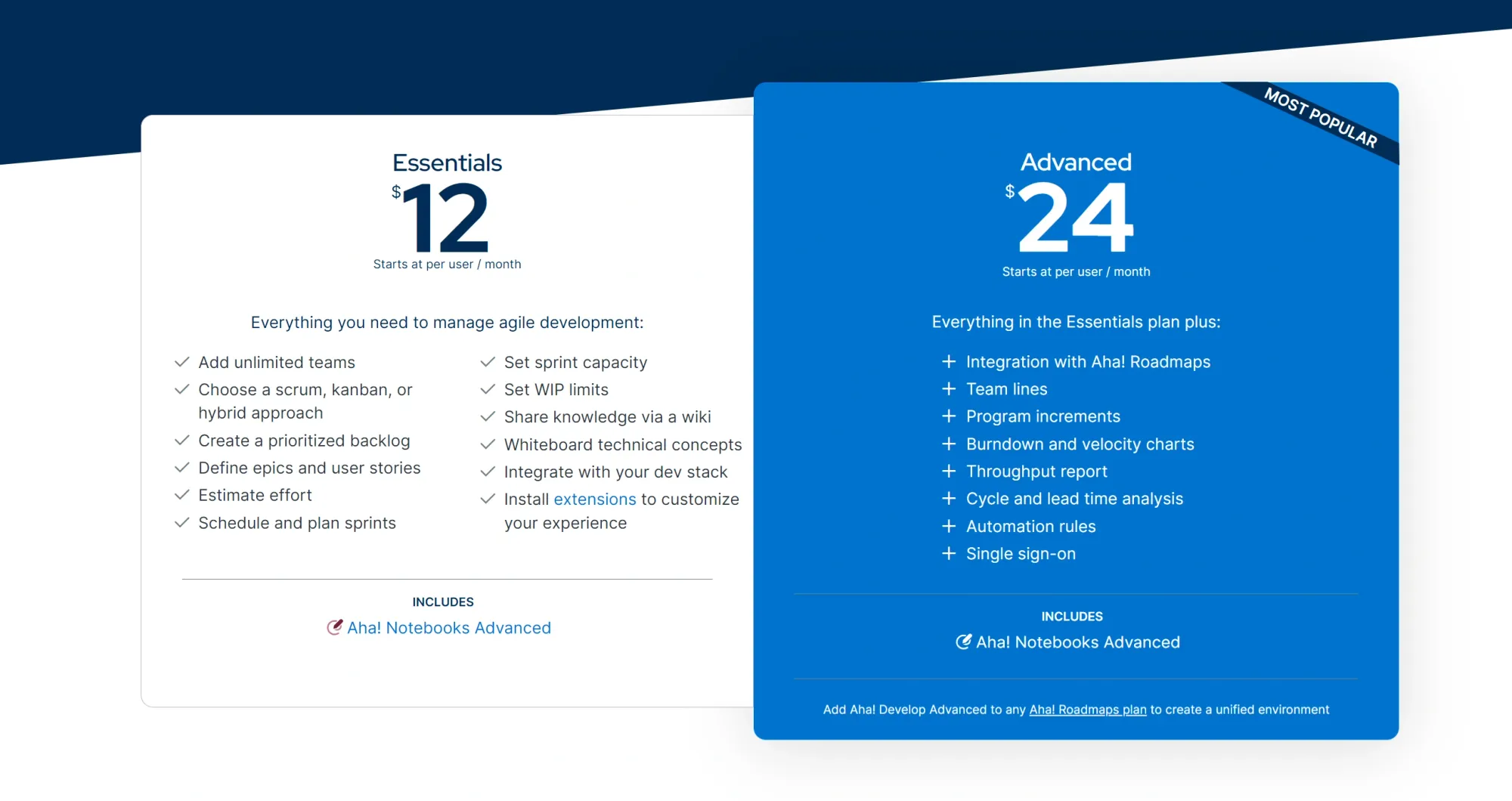 Screenshot of Aha Develop pricing 2024.