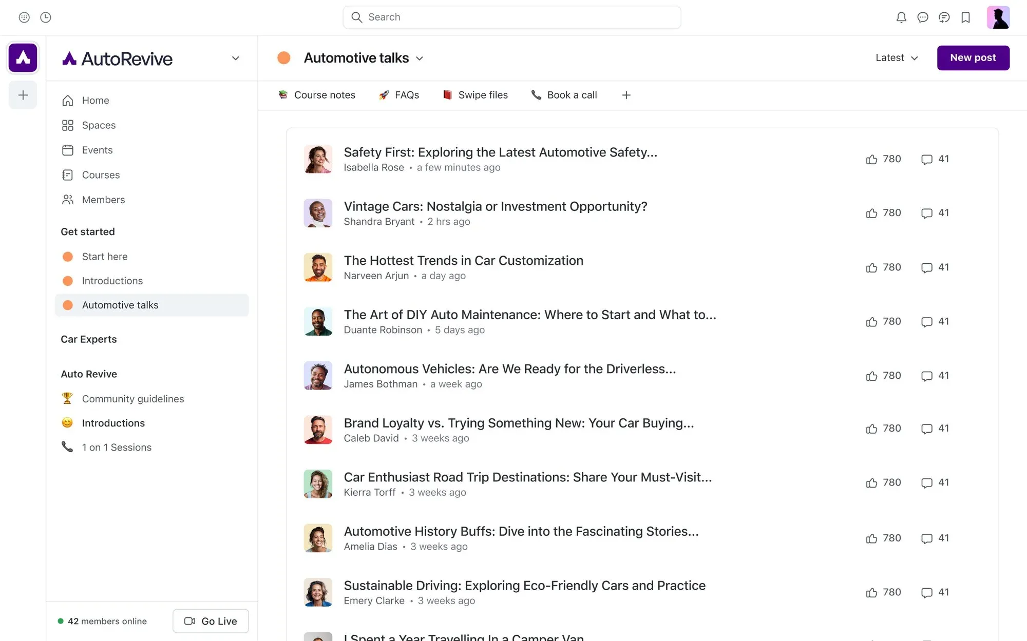 Illustration showing circle's community discussion board. List of posts with number of likes.