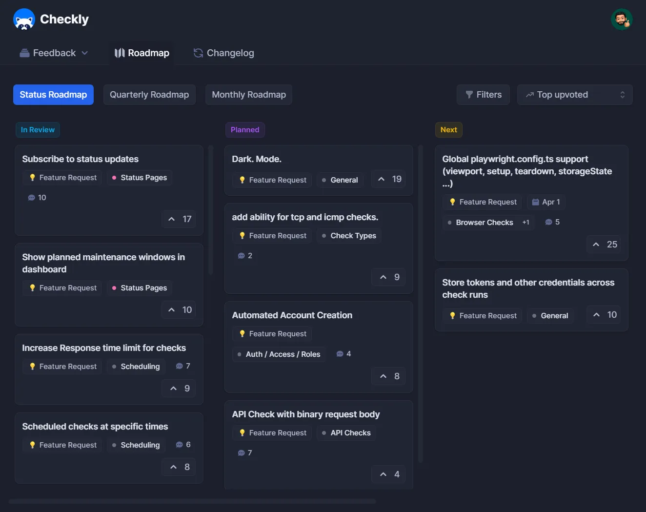 Checkly's public roadmap.