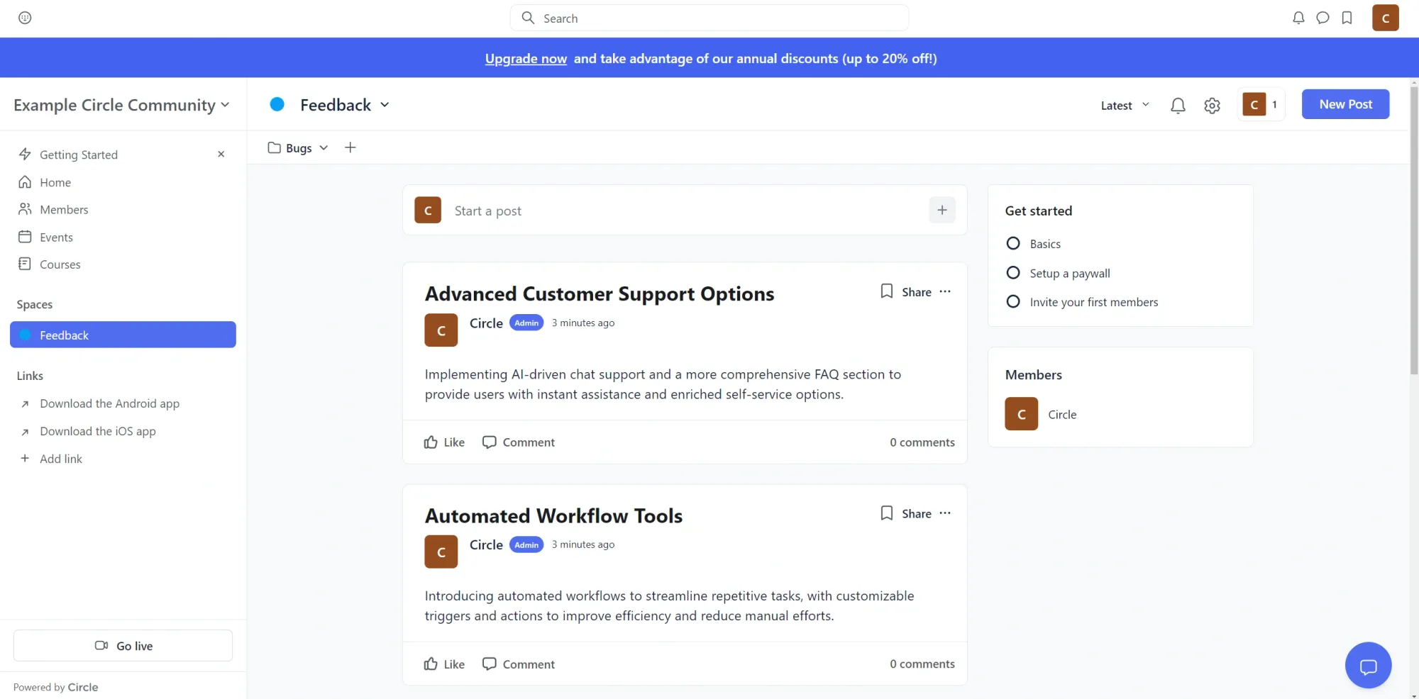 Circles feedback board with a list of suggestions created by users.