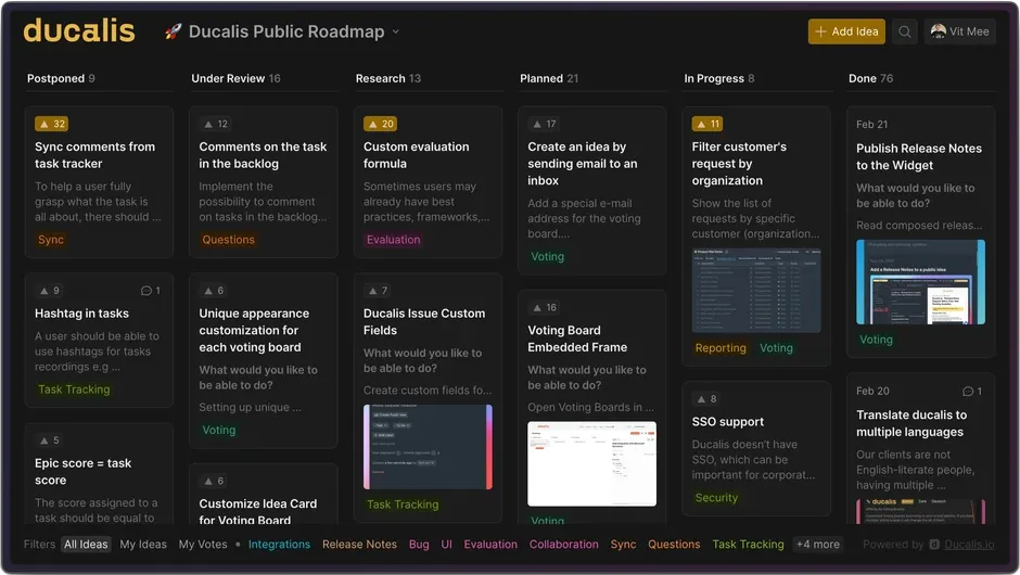 Ducalis' public roadmap with upvoting.