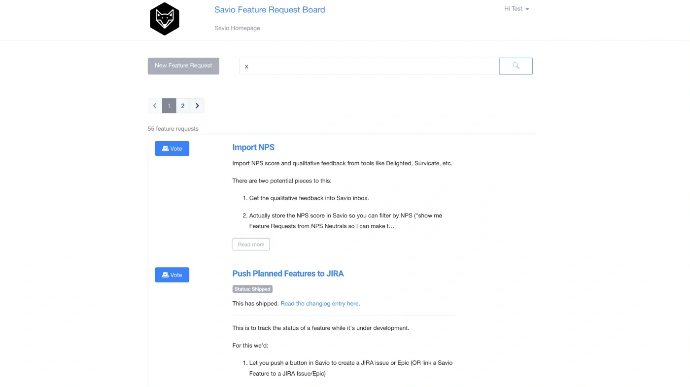Screenshot of Savio's public feedback board.