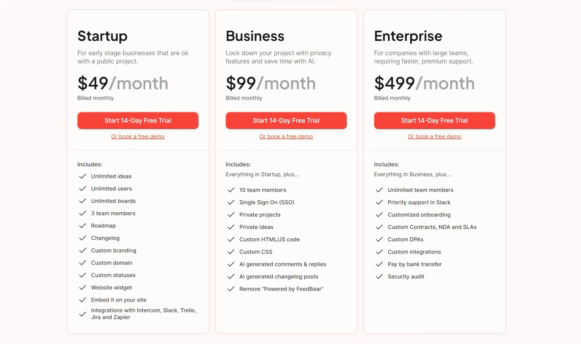 Screenshot of FeedBear's pricing page.