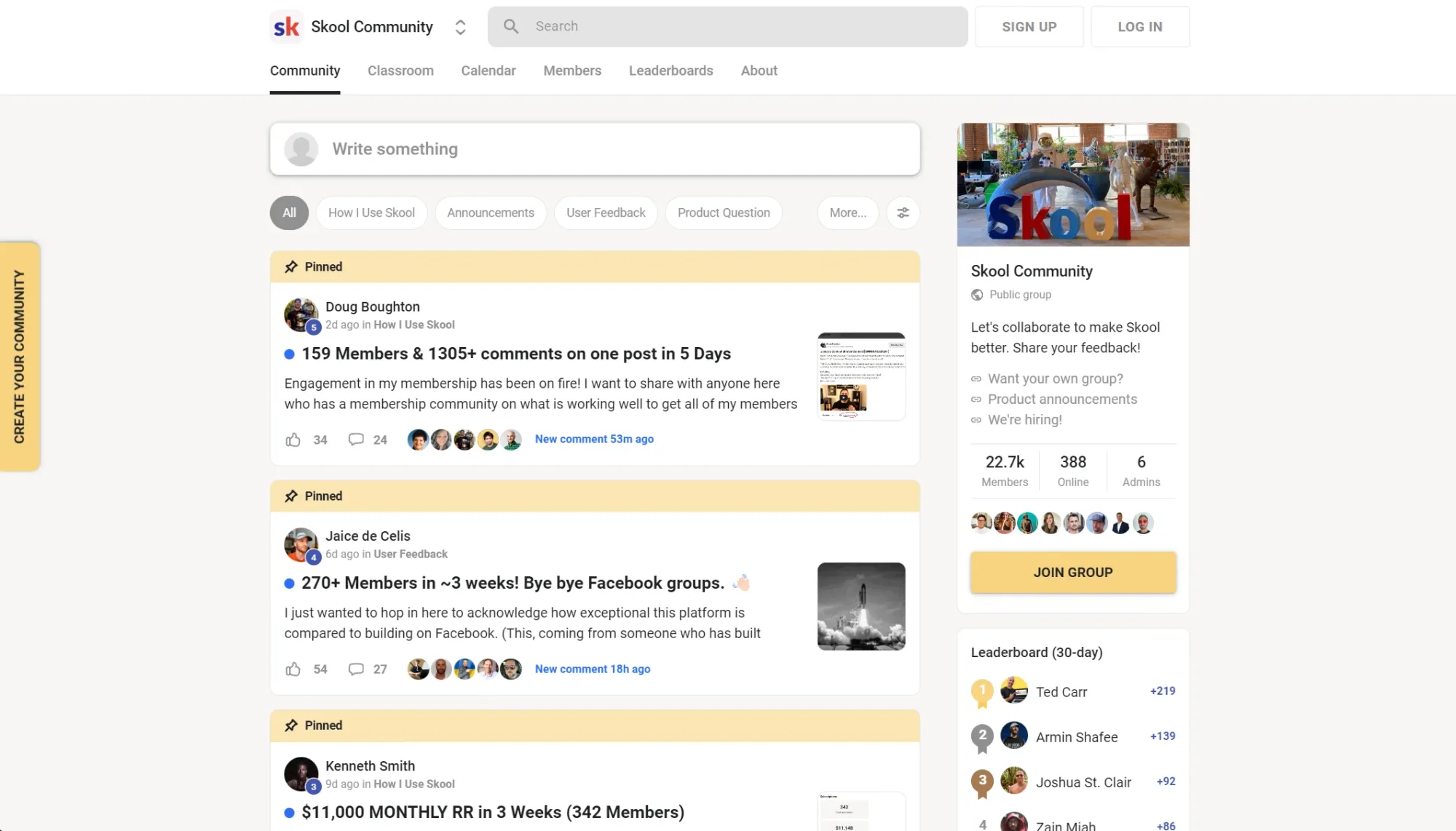 Screenshot of Skool's community board.