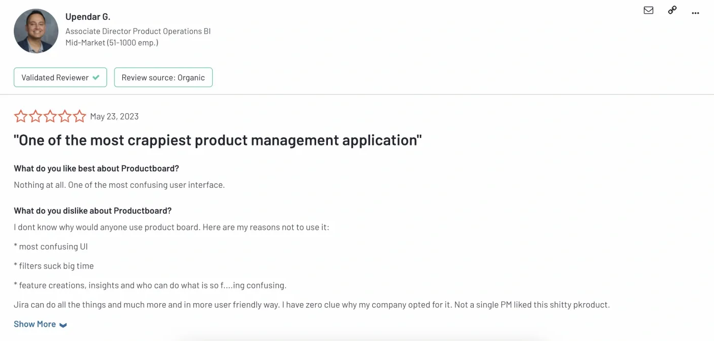 Screenshot of a Productboard's review on G2.