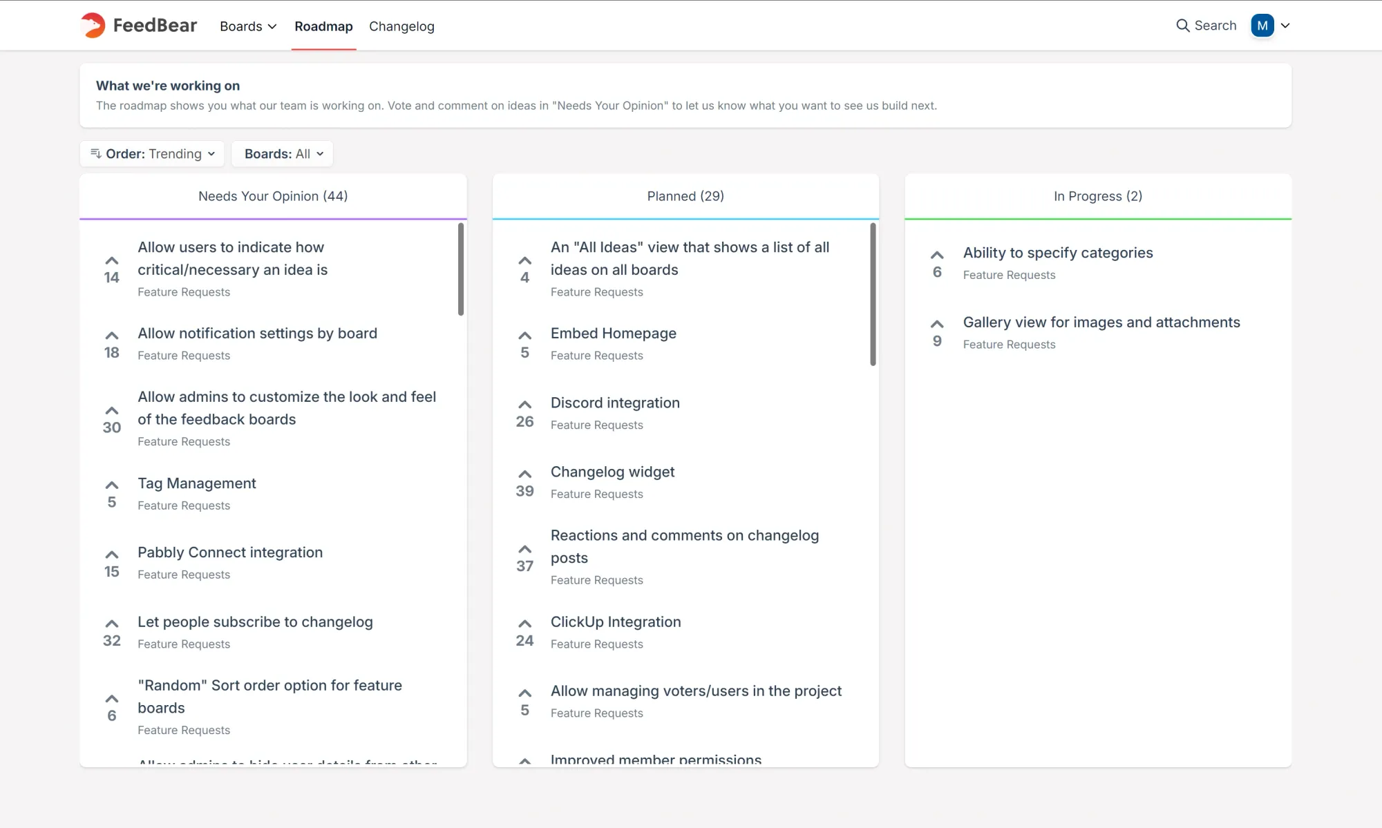 Feedbear public roadmap view.