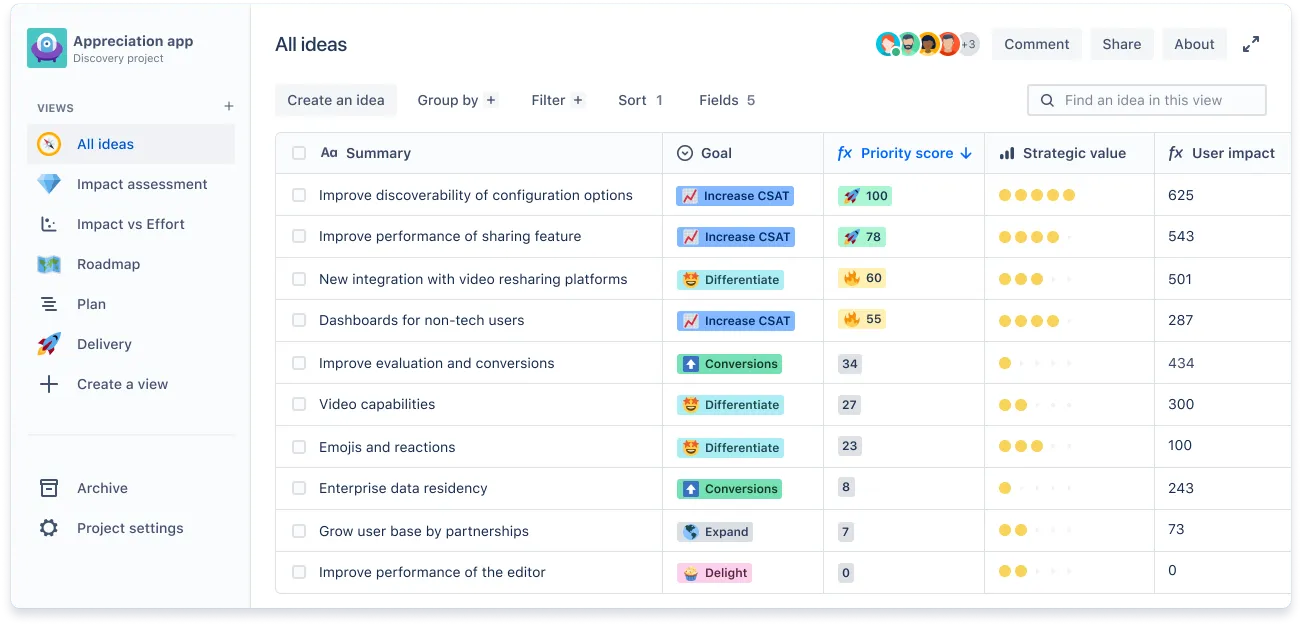Jira Product Discovery feedback board showing a list of suggested ideas and a button to create new ones.