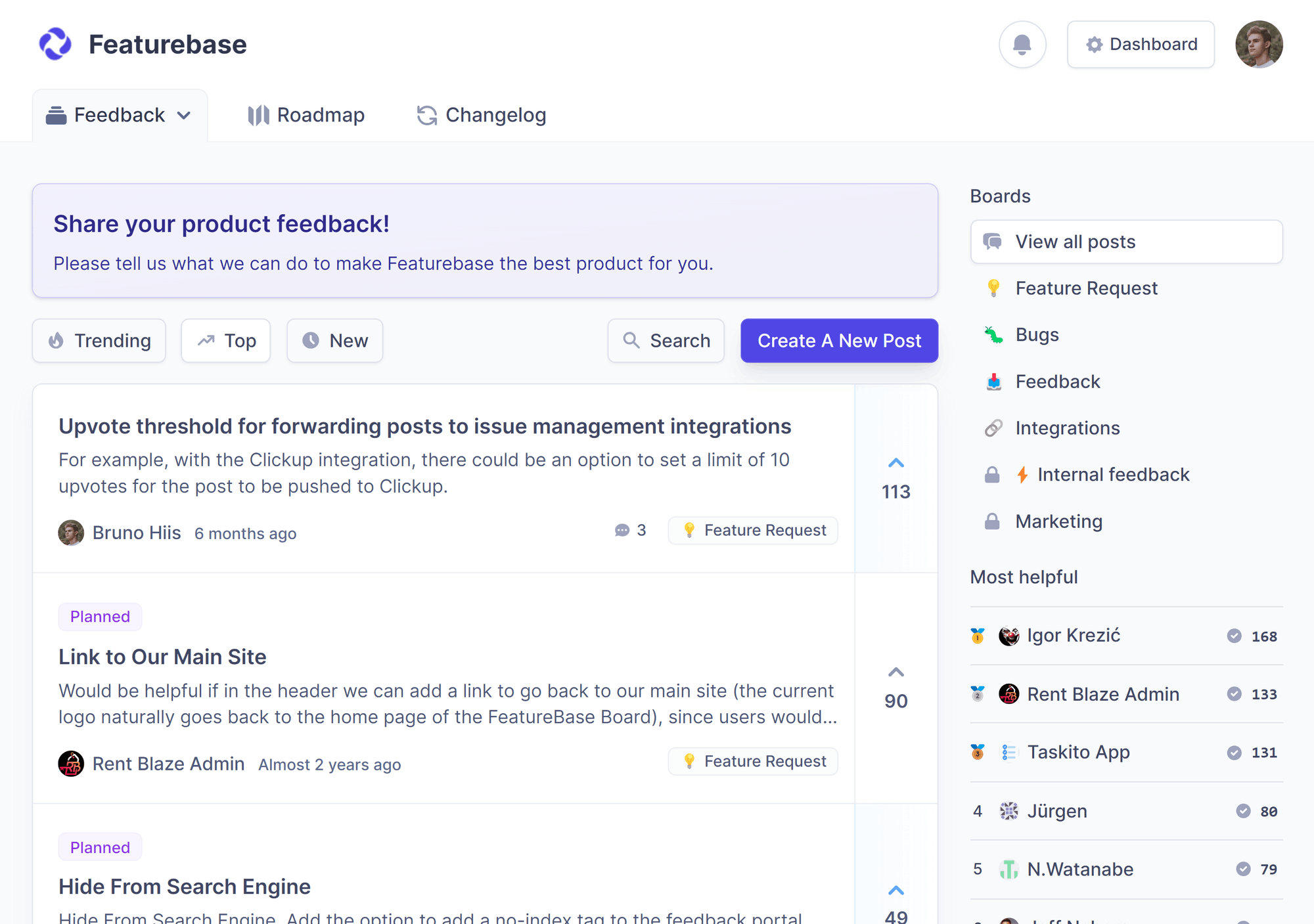 Example of a feedback board from Featurebase.