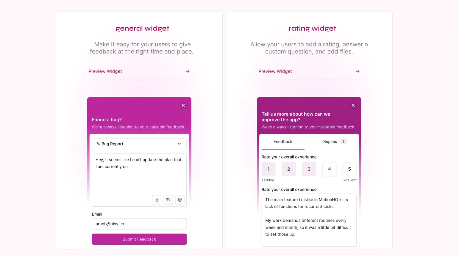 Olvy's feedback widgets for gathering feedback.