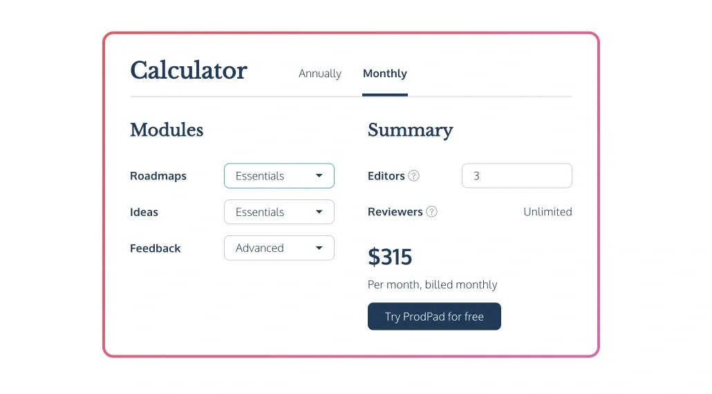 ProdPad's pricing calculator.
