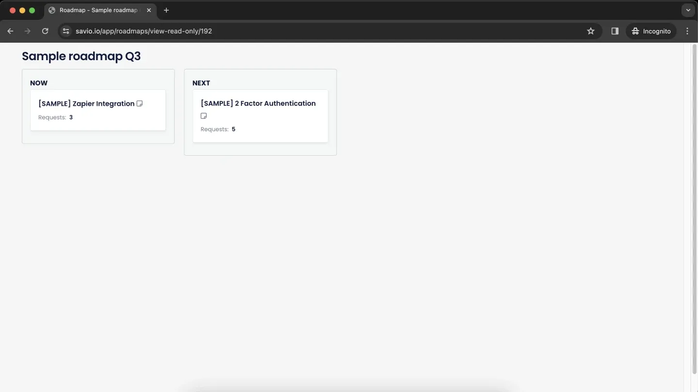 Screenshot of Savio's public roadmap.