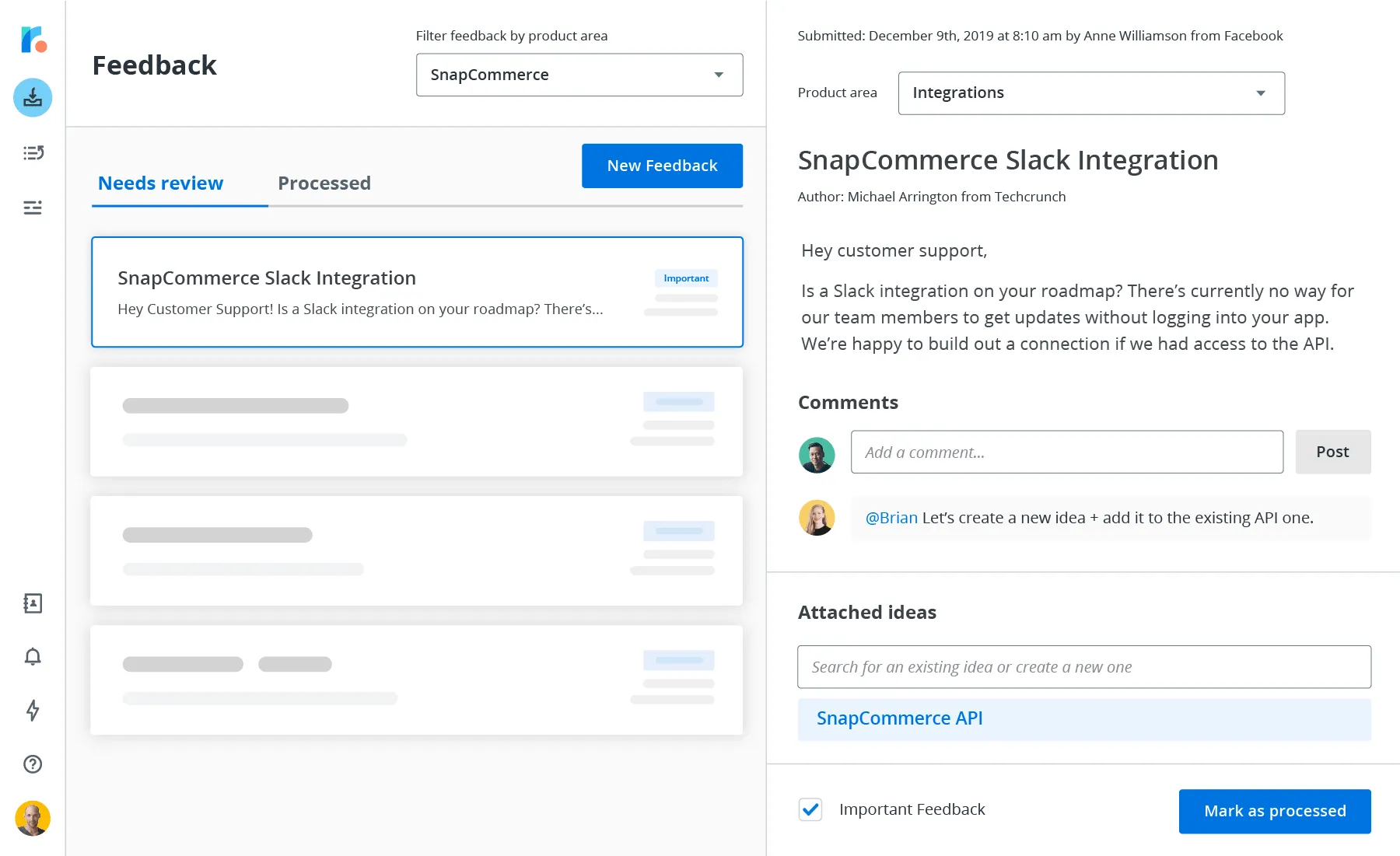 Example of Roadmunk's feedback management.