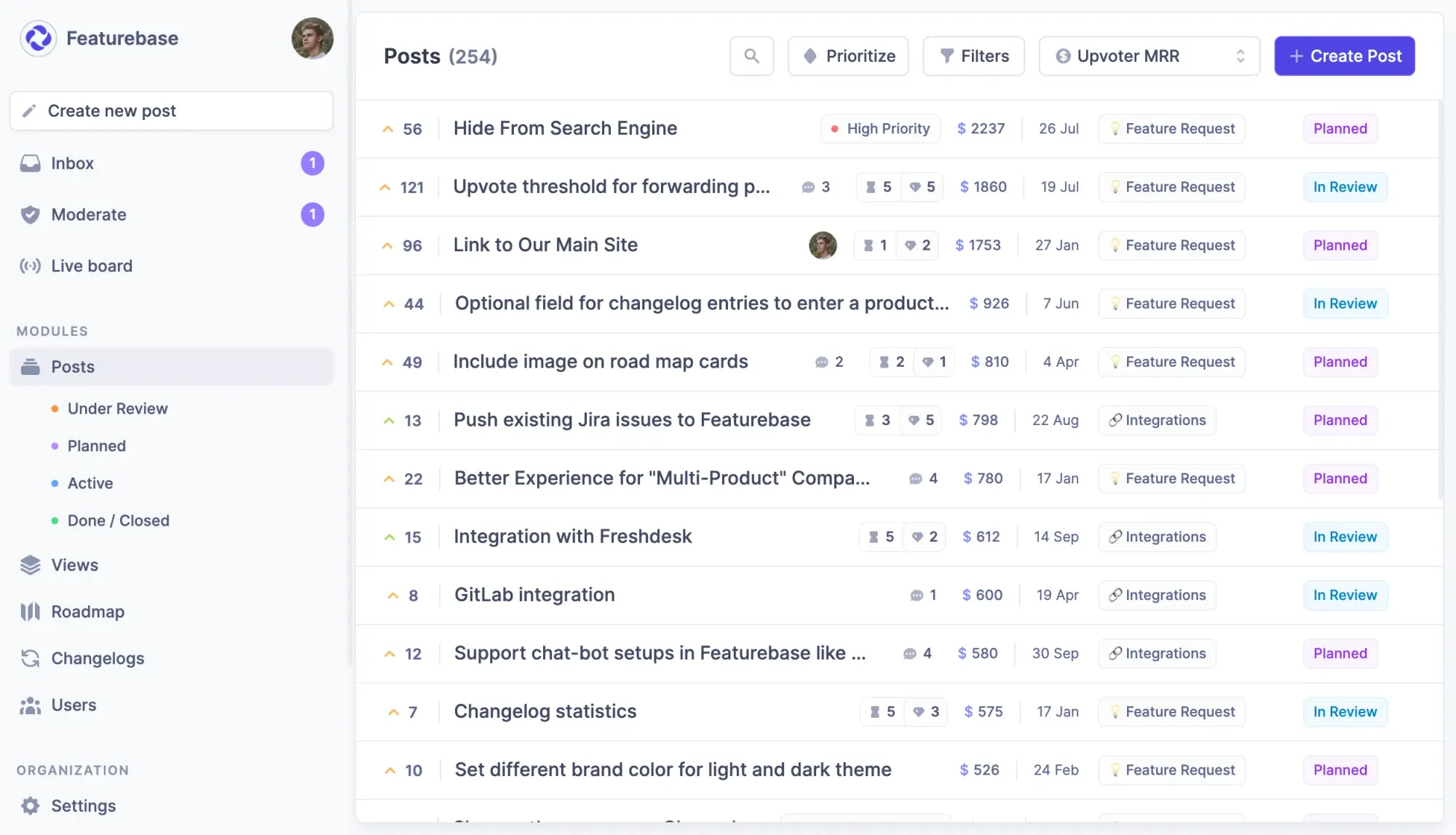 Featurebase dashboard for prioritizing feedback