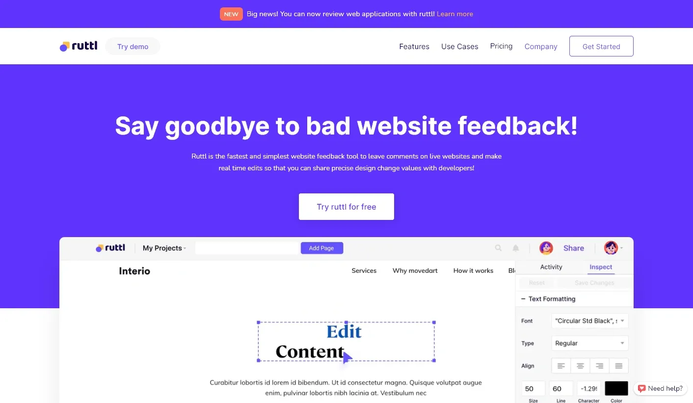 Ruttl's landing page showing their website feedback capabilities.