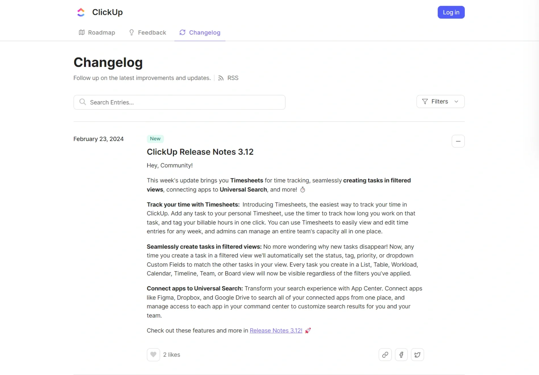 Example of a public changelog page.