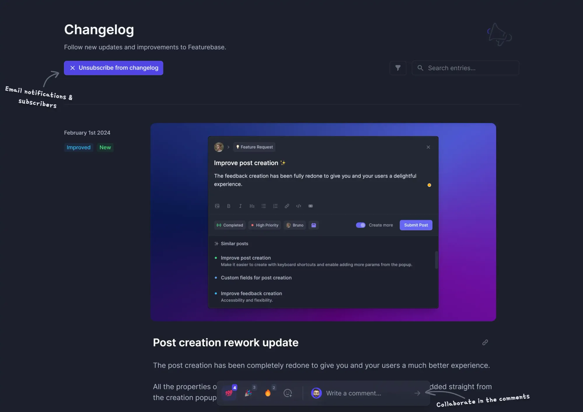 Featurebase's public changelog page.