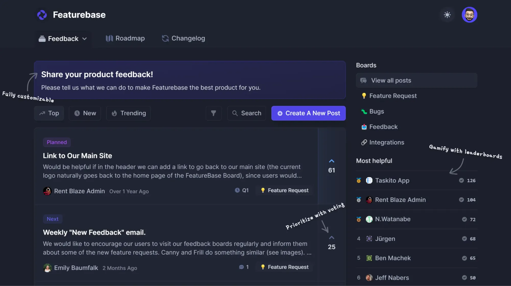 Featurebase's public feedback portal.