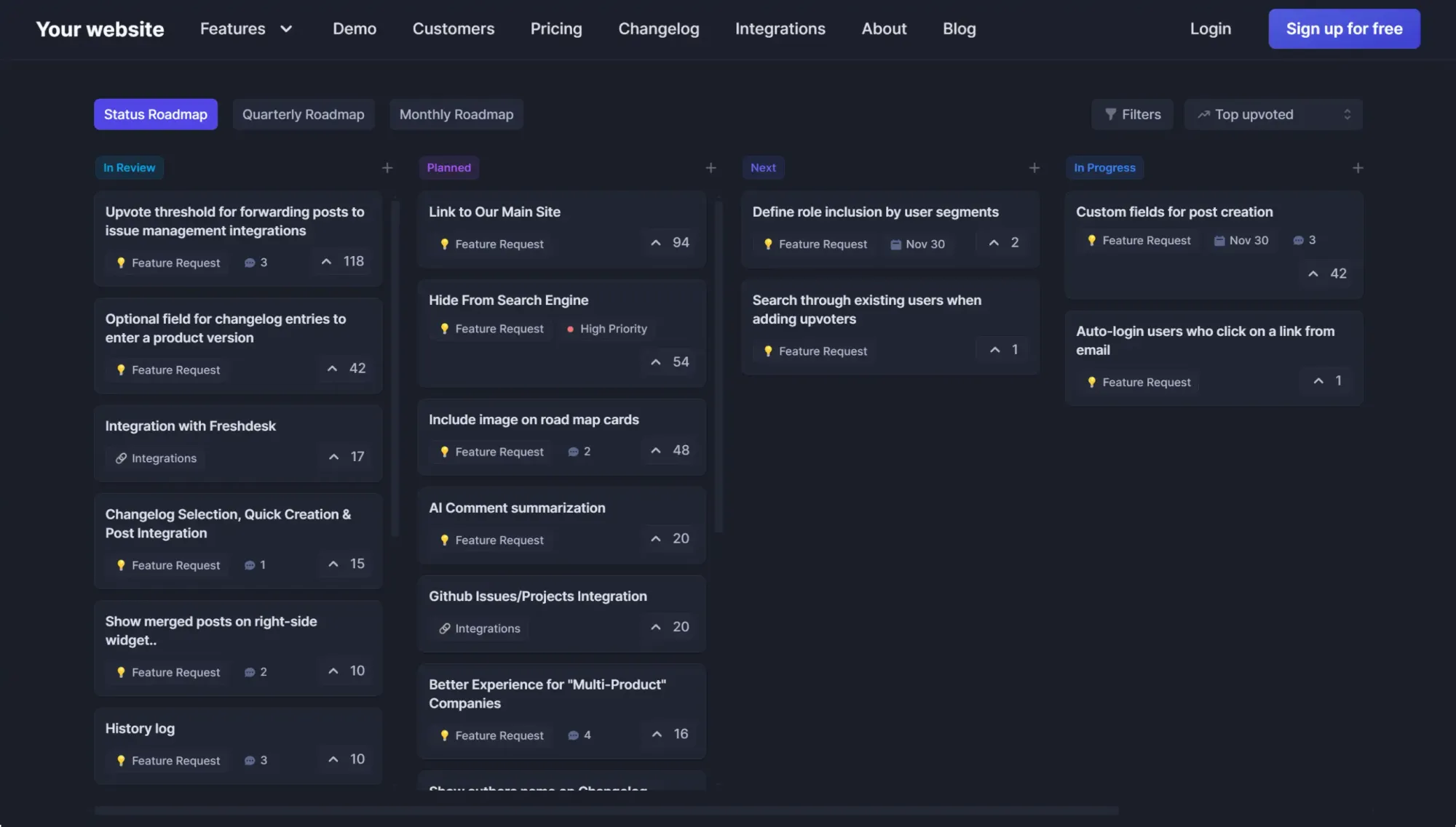 Featurebase's public roadmap feature.