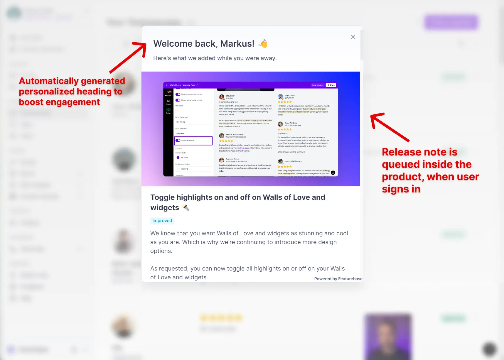 Screenshot of Senja's in-app product update made with Featurebase.