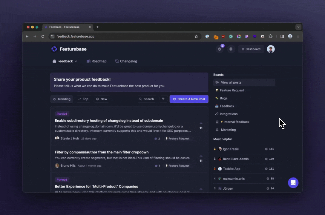 Featurebase's automatic AI board suggestion feature makes for a great customer feedback system.