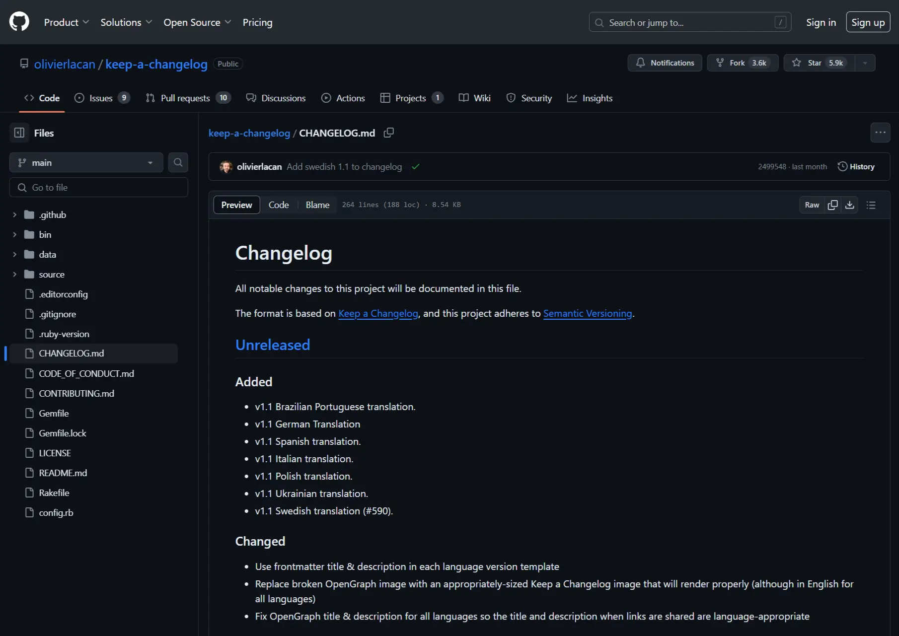 Screenshot of a Github changelog.