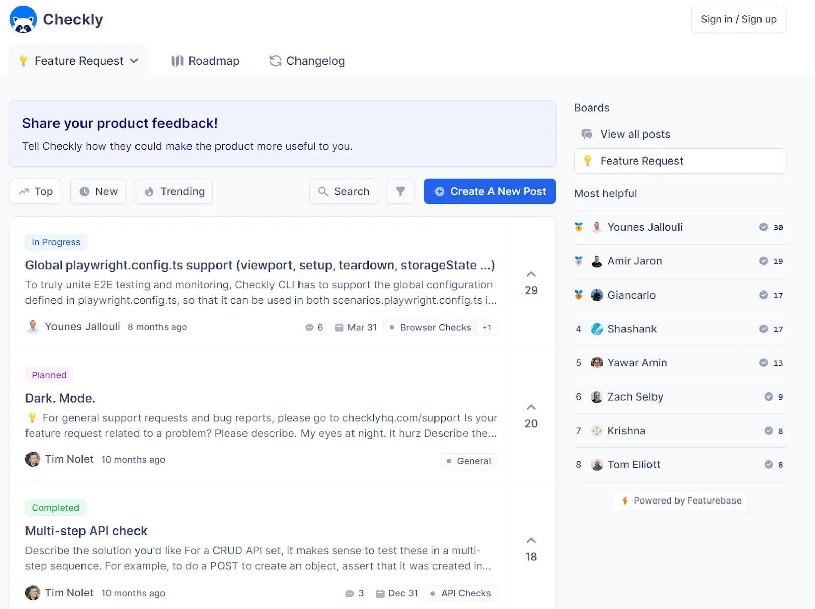 Checkly's public feedback portal.