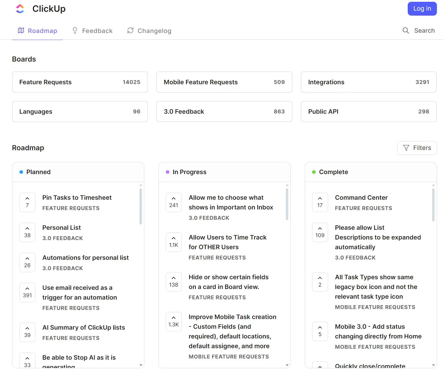 Clickup's product roadmap.