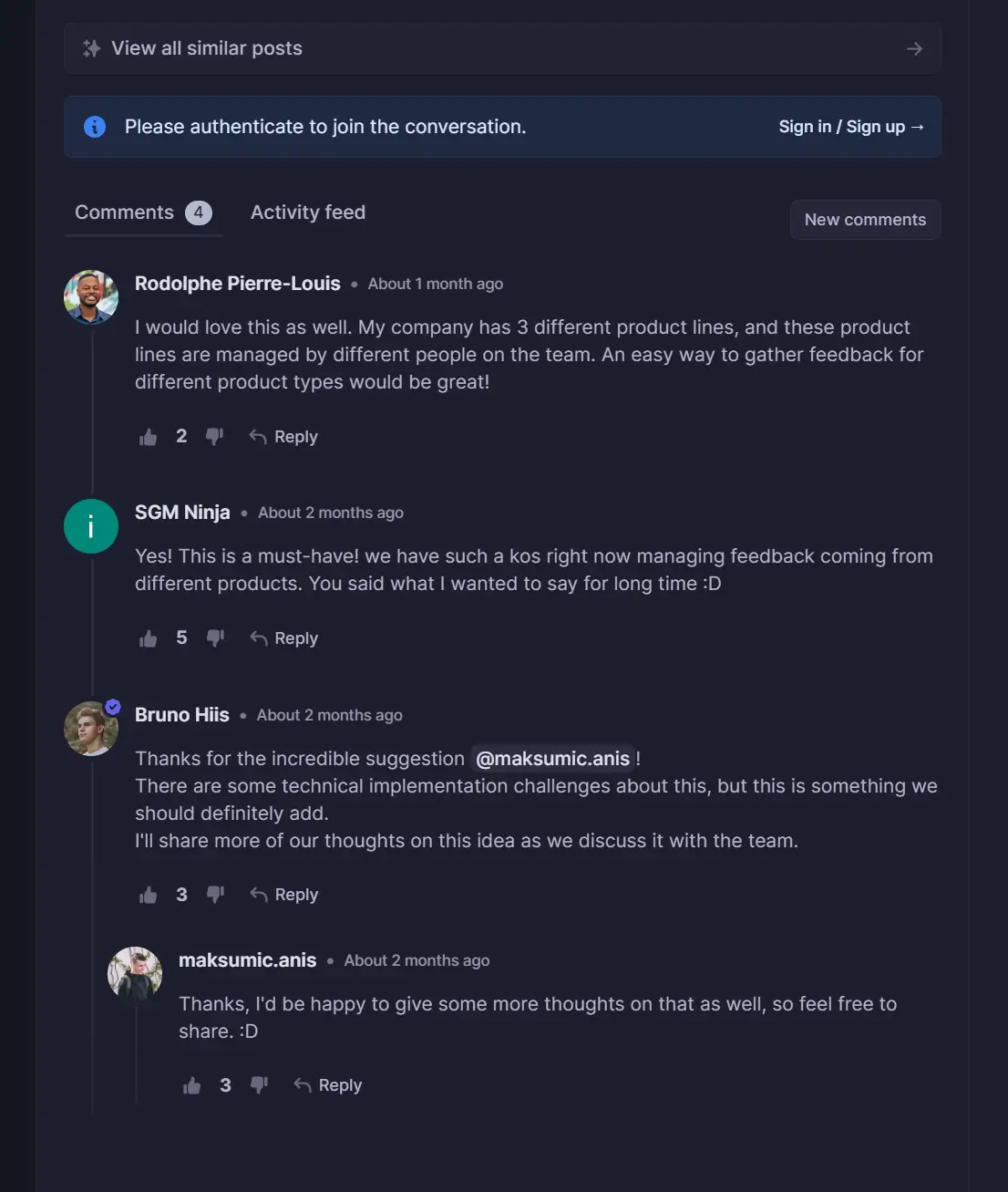 Screenshot of closing the feedback loop with users.