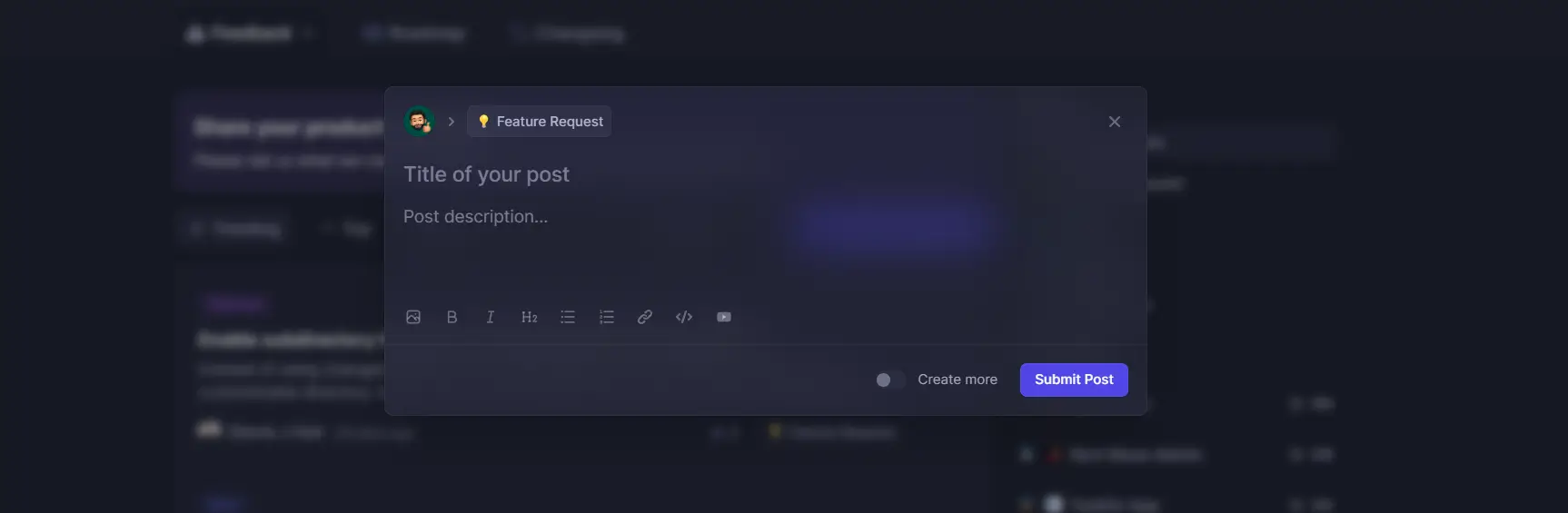 Featurebase's post creation form.