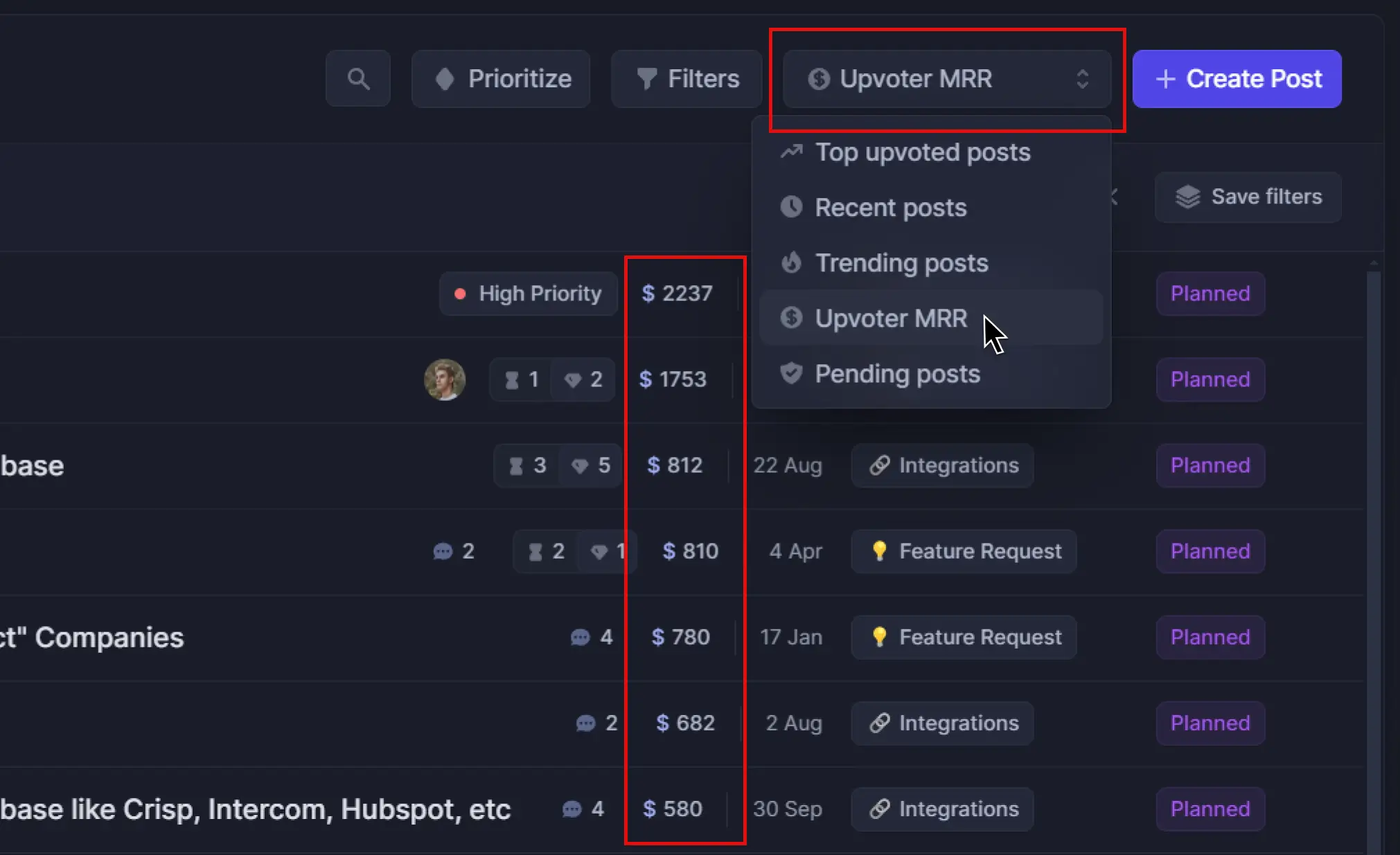 Illustration of sorting feedback by uvpoter revenue contribution in Featurebase.