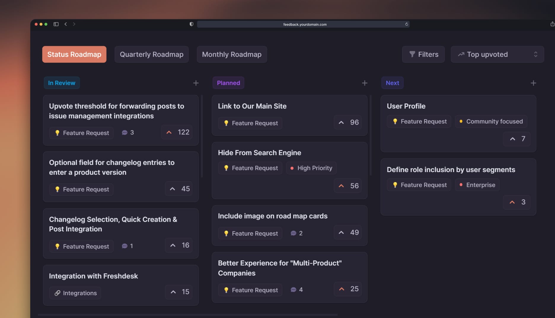 Featurebase's public roadmap feature.