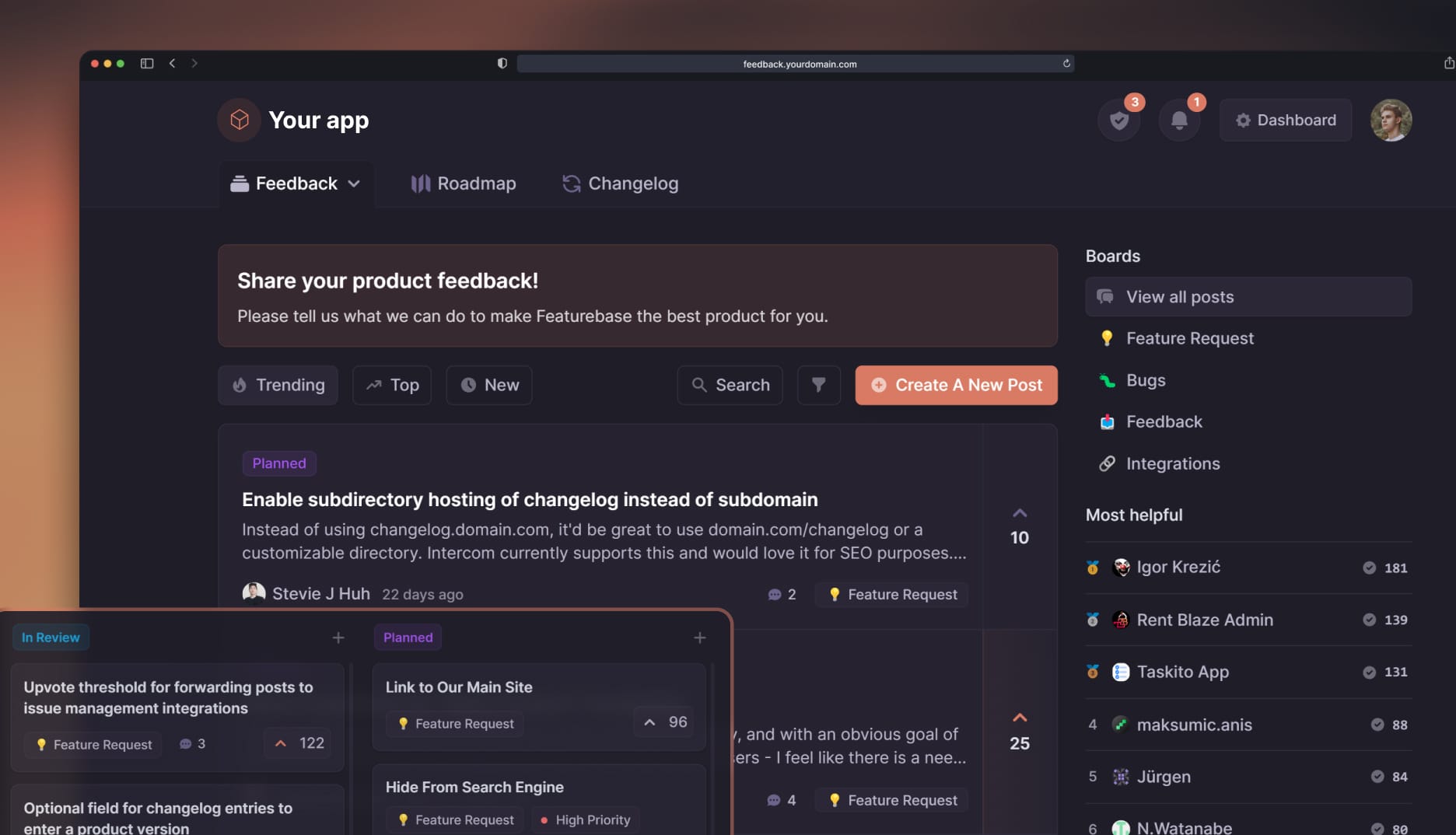 Featurebase's feedback portal with voting boards and roadmaps.
