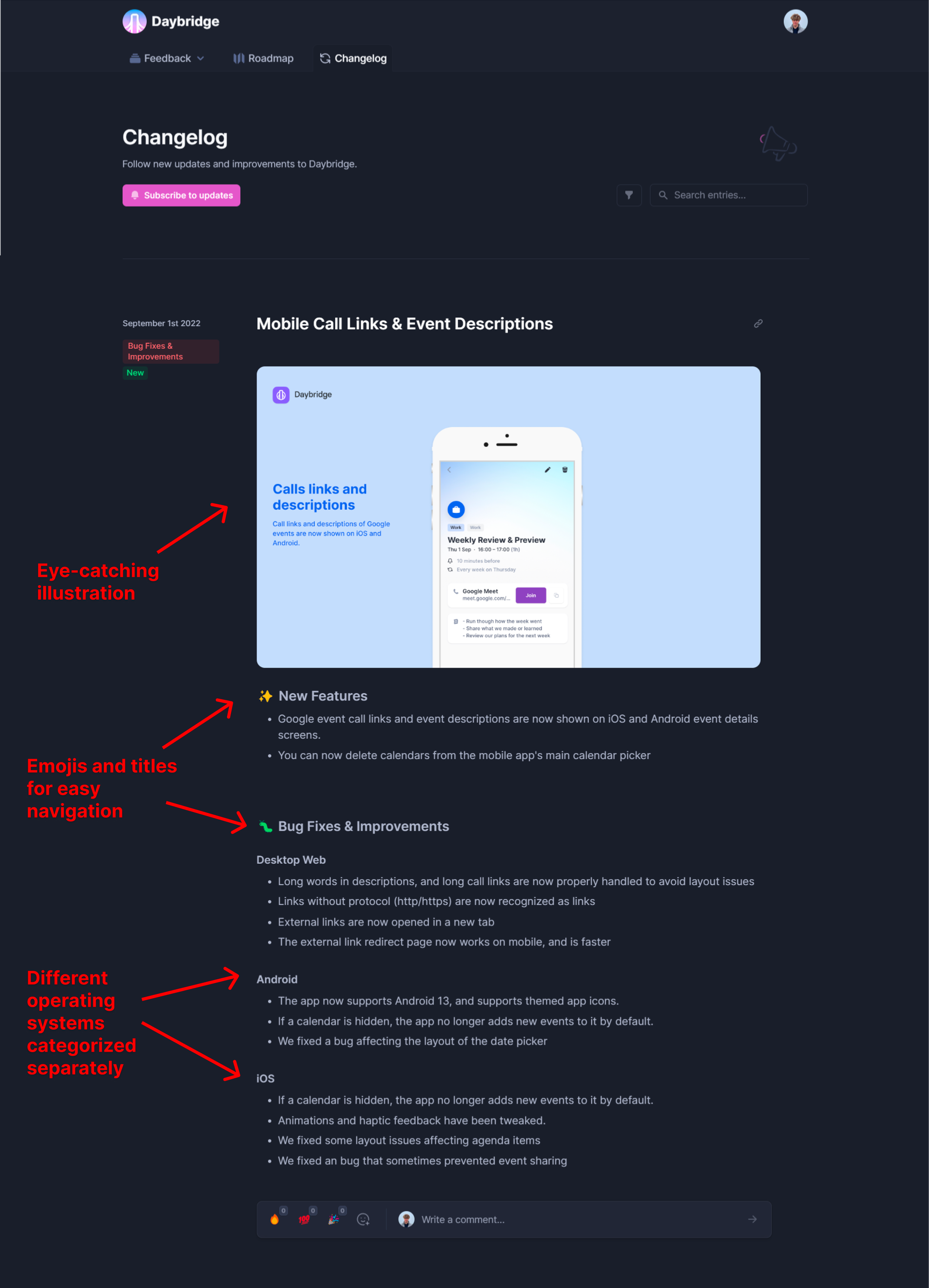 Example of a good public changelog (made with Featurebase)