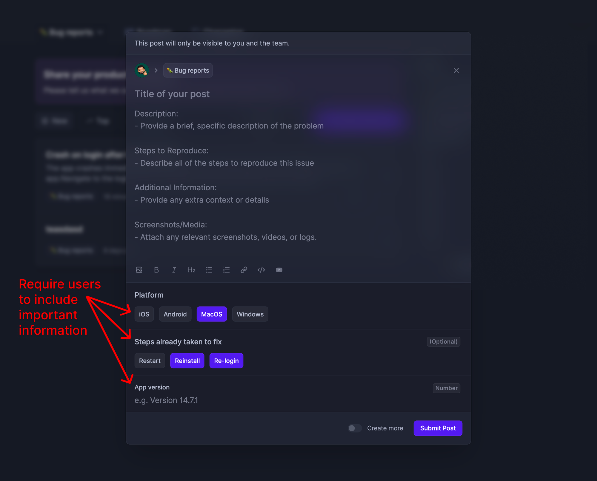 Featurebase's bug-reporting form with required fields.