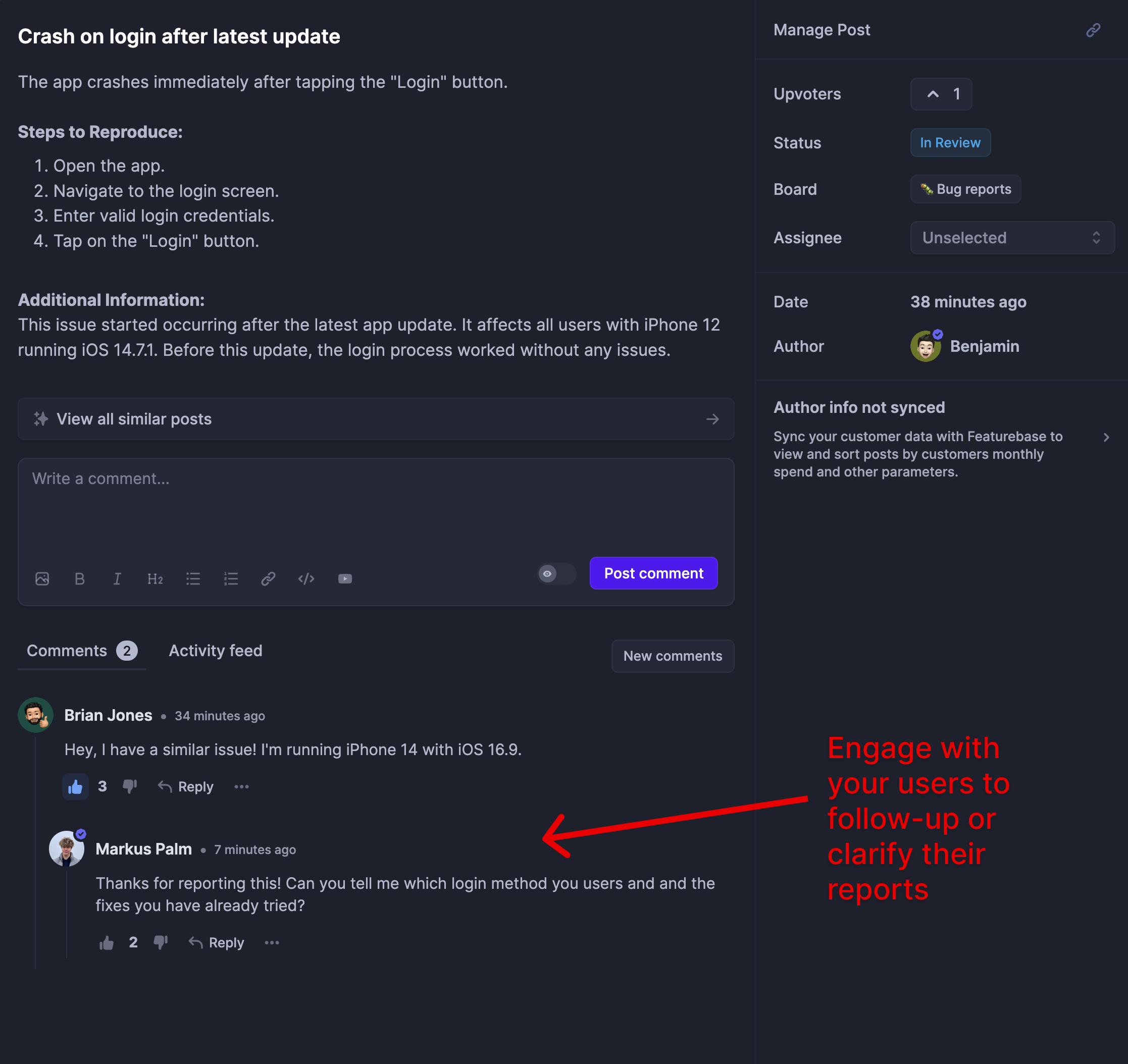 Example comment section of a bug report in Featurebase.