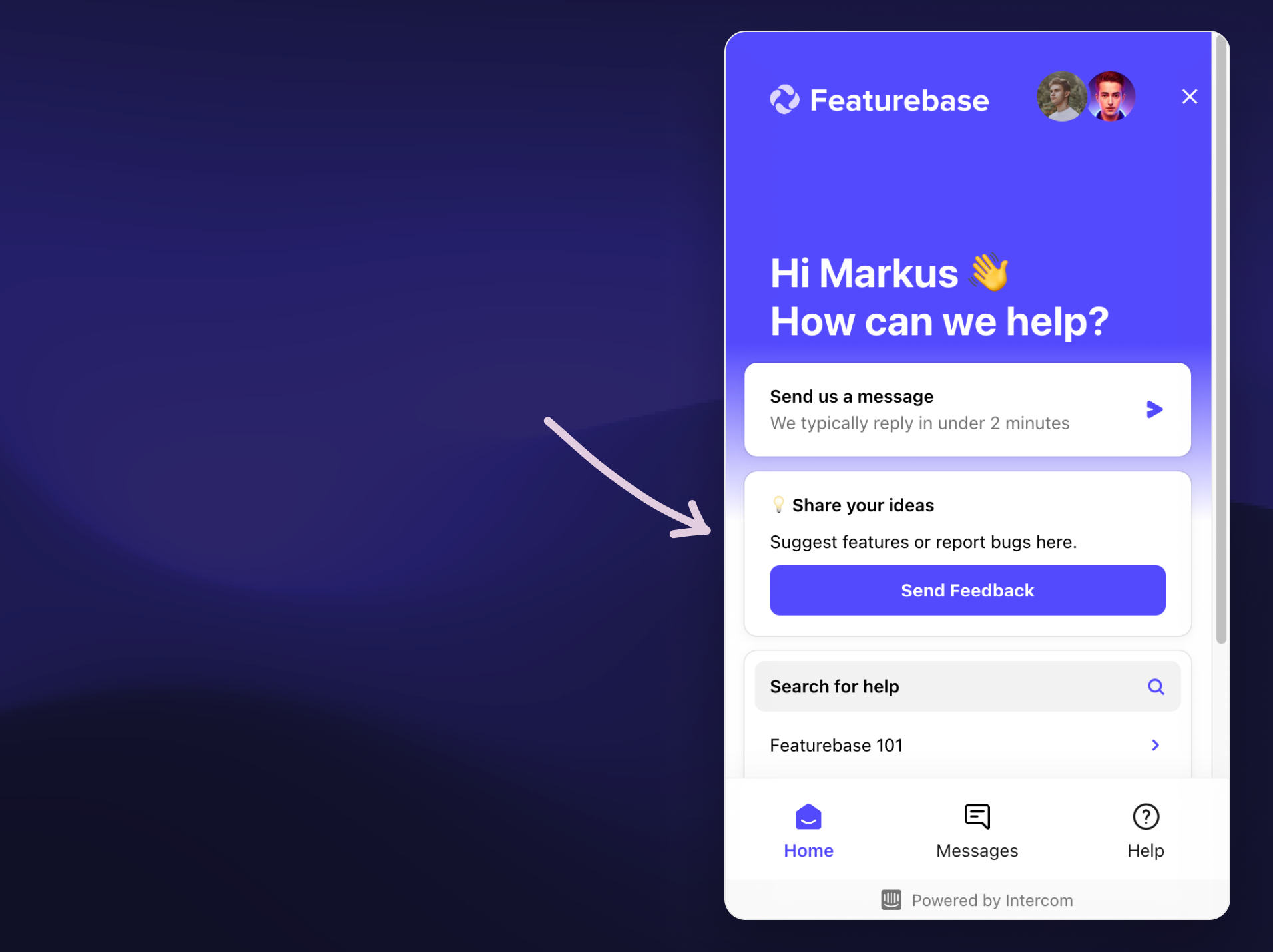 Featurebase's feedback form embedded in Intercom's widget.