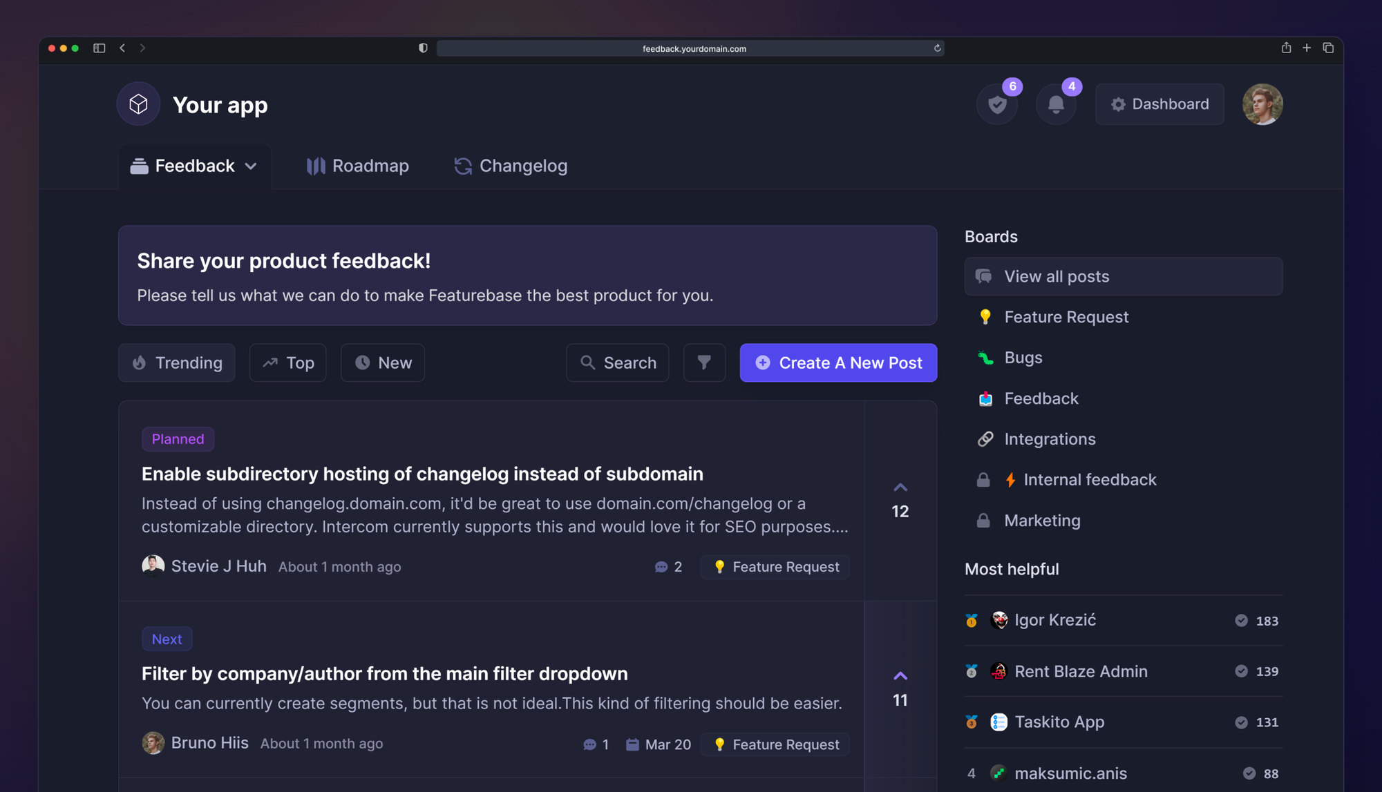Featurebase’s voting board is where you can see the top-voted requests.