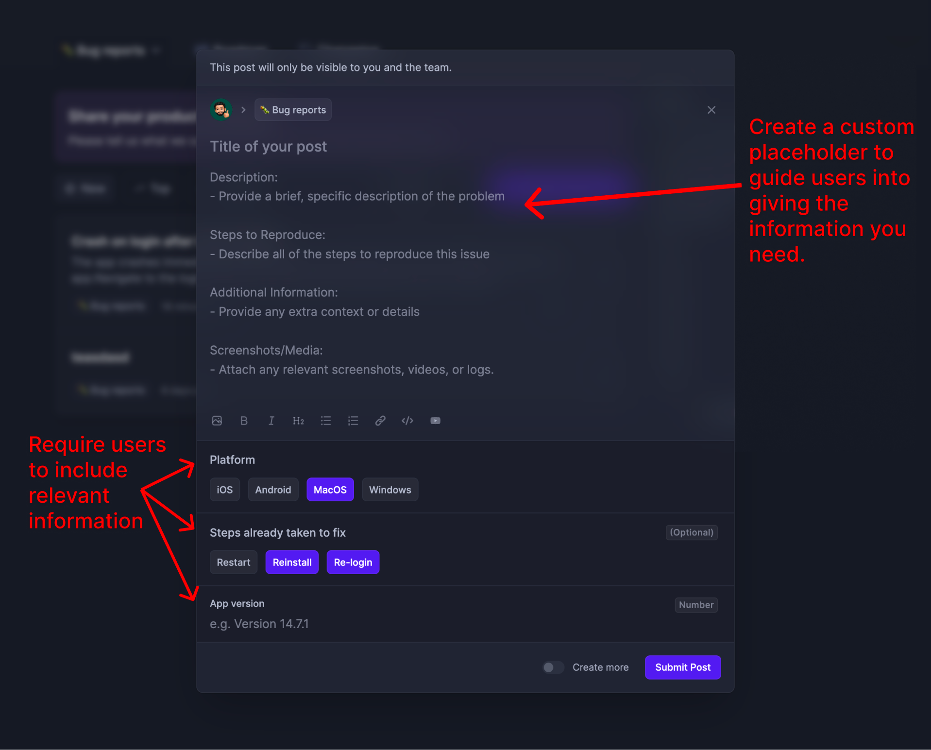 Featurebase's bug-reporting form with required fields.