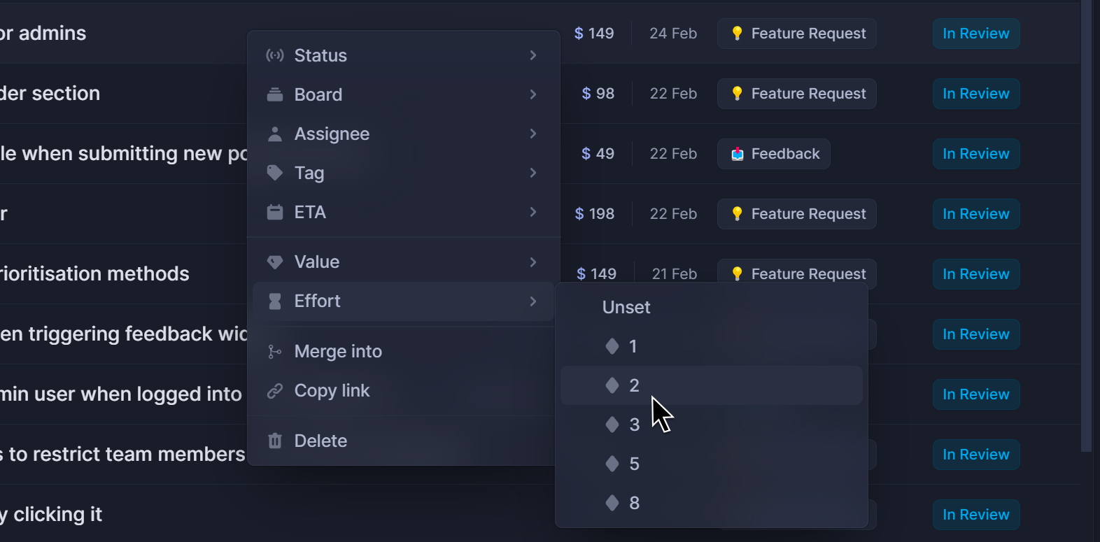 Value/effort prioritization in Featurebase.